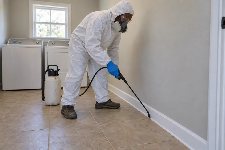 Technician in a protective suit treating the baseboard of a laundry room, cockroach control in Lynchburg, Virginia