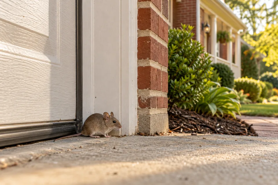 Small house mouse beside a garage door frame
