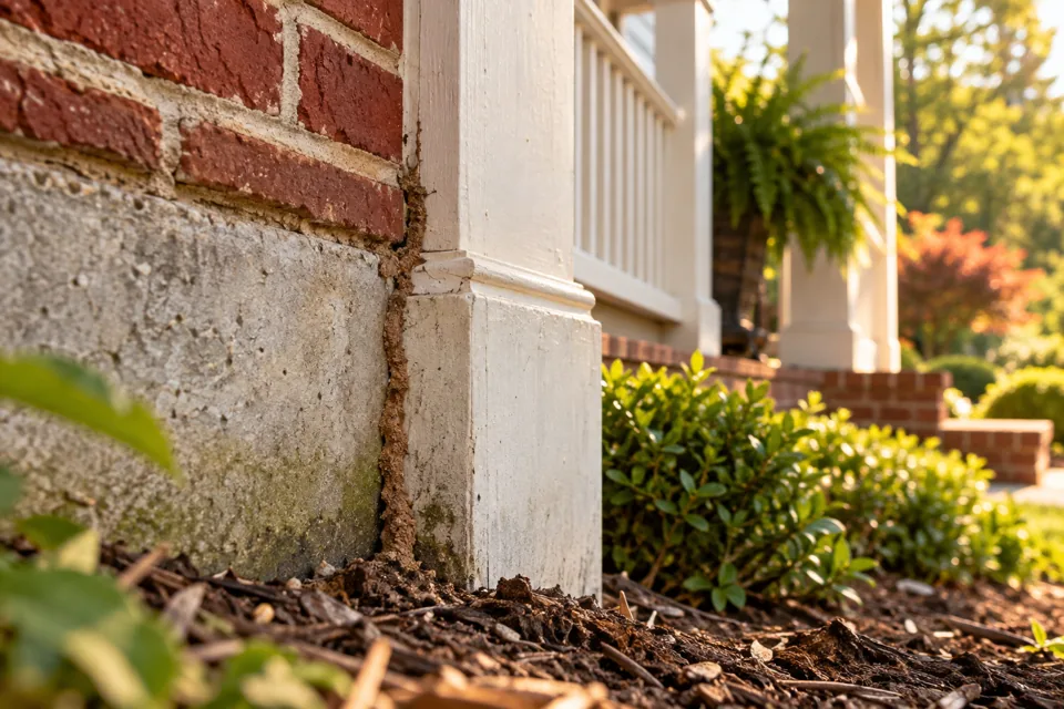 Earthen termite shelter tube beside concrete and wood trim